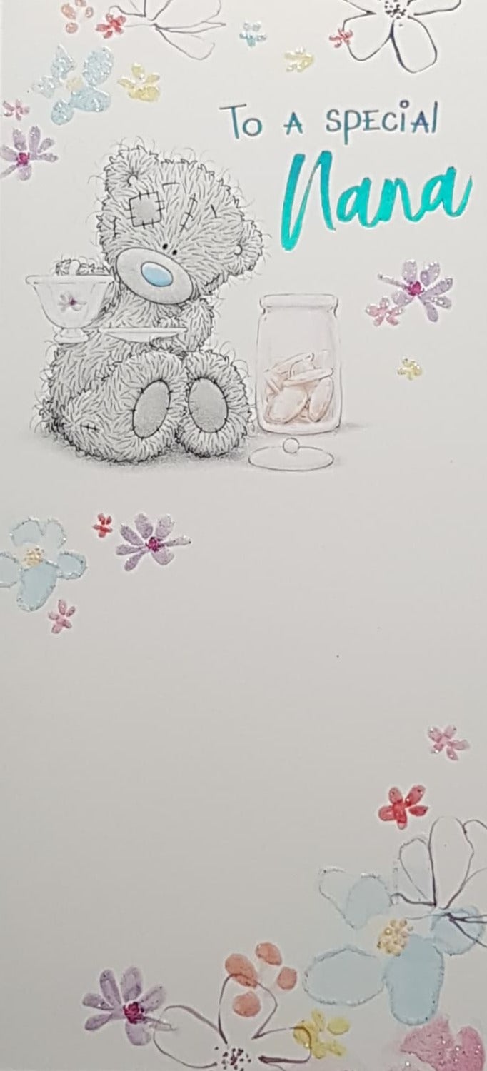 Birthday Card - Nana / Lovely Teddy With A Teacup & A Cookie Jar