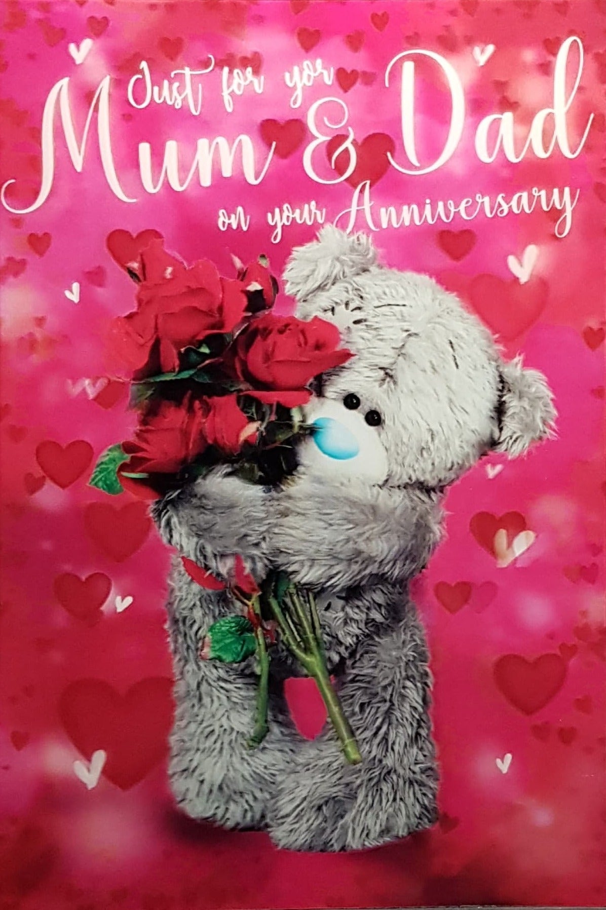 Anniversary Card - Mum & Dad / A Cute Teddy Holding A Bunch Of Red Roses (3D Card)