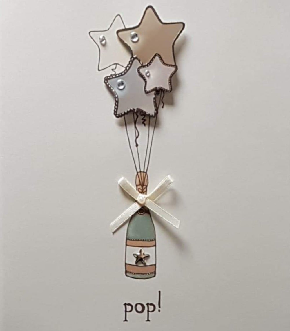 Congratulations Card - Pop & Champagne Tied To Star Balloons