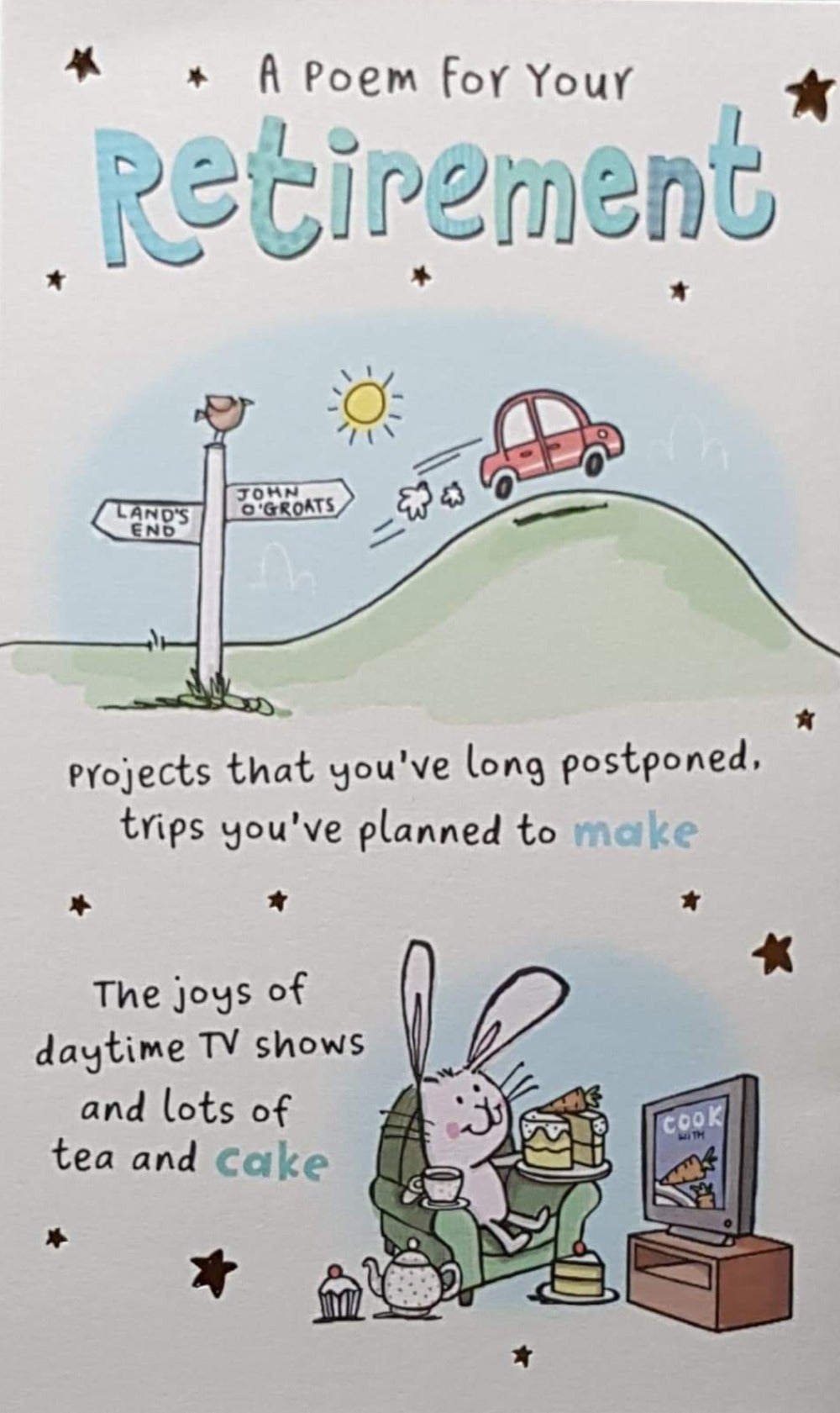 Congratulations Card - Retirement / 'Tea And Cake' & A Rabbit Watching TV
