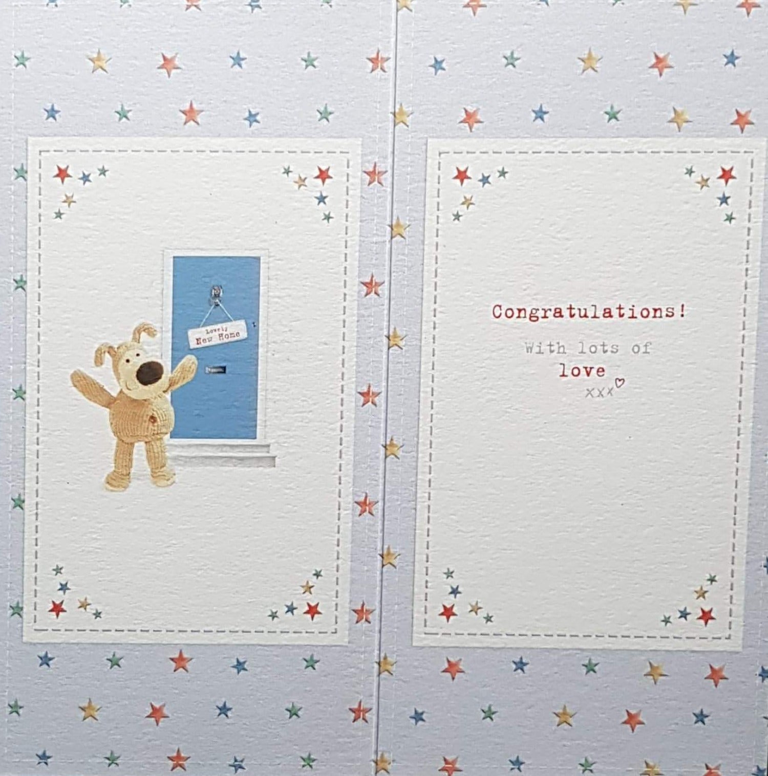 Congratulations Card - New Home / 'Lovely New Home' & A Stuffed Dog At The Door
