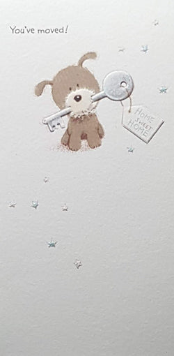 Congratulations Card - New Home / 'You've Moved' & A Dog Biting A Key
