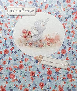 Get Well Card - Elephant In A White Circle Labeled 'With Love And Hugs'