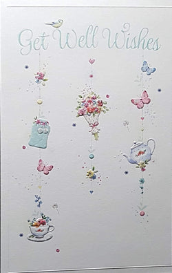 Get Well Card - Tea Pot, Butterflies, Flowers Displayed As A Garland