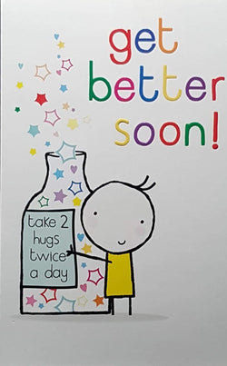 Get Well Card - Hugs As A Medicament & Cartoon Boy Wearing A Yellow Top