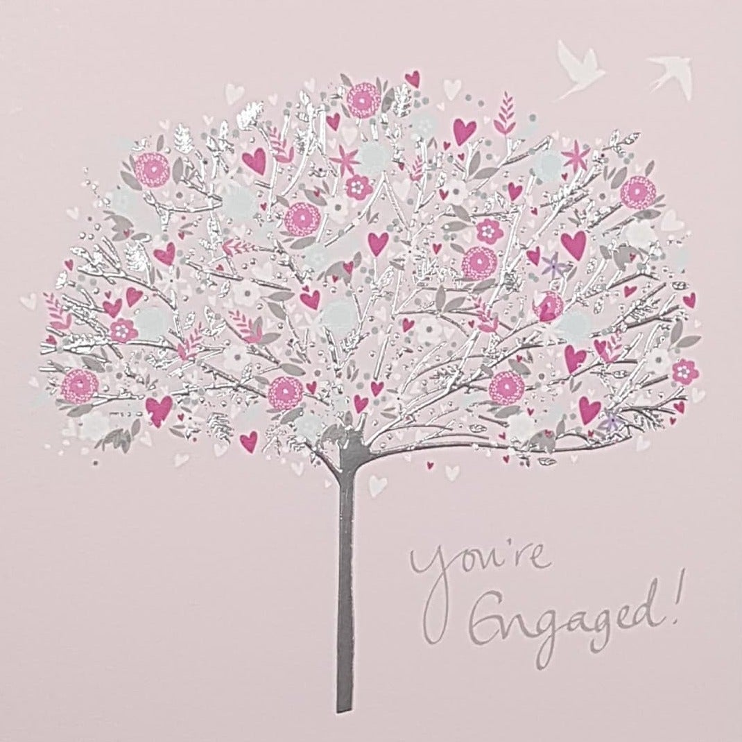 Engagement Card - A Tree With Pink Hearts & Flowers