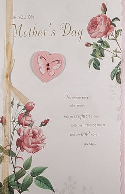 For You Mothers Day Card - A Pink Heart With A Butterfly & A Gold Ribbon