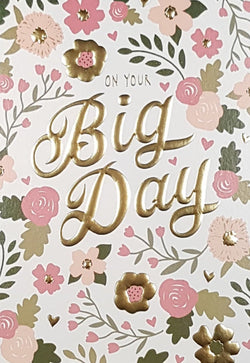 Wedding Card - General / A Shiny Gold Font & Pink Flowers