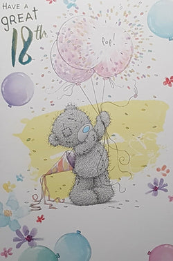 Age 18 Birthday Card - Teddy Bear Holding Pink Balloons Popping