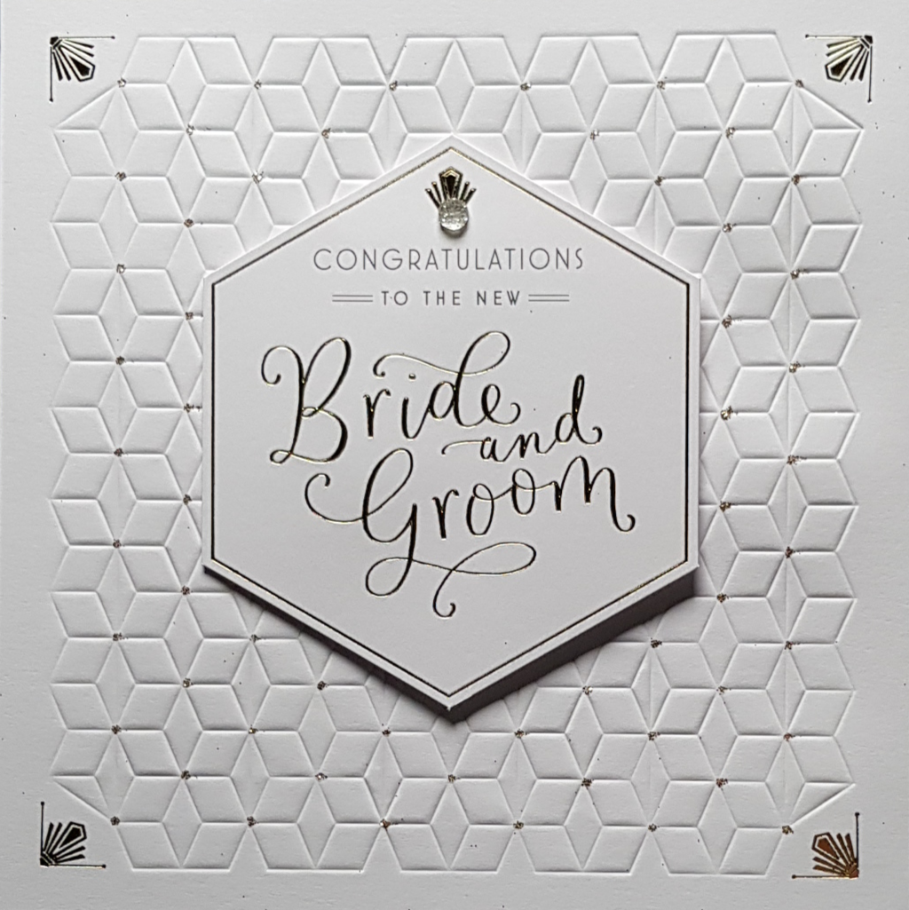Wedding Card - White Hexagon With A Small Jewel On Top