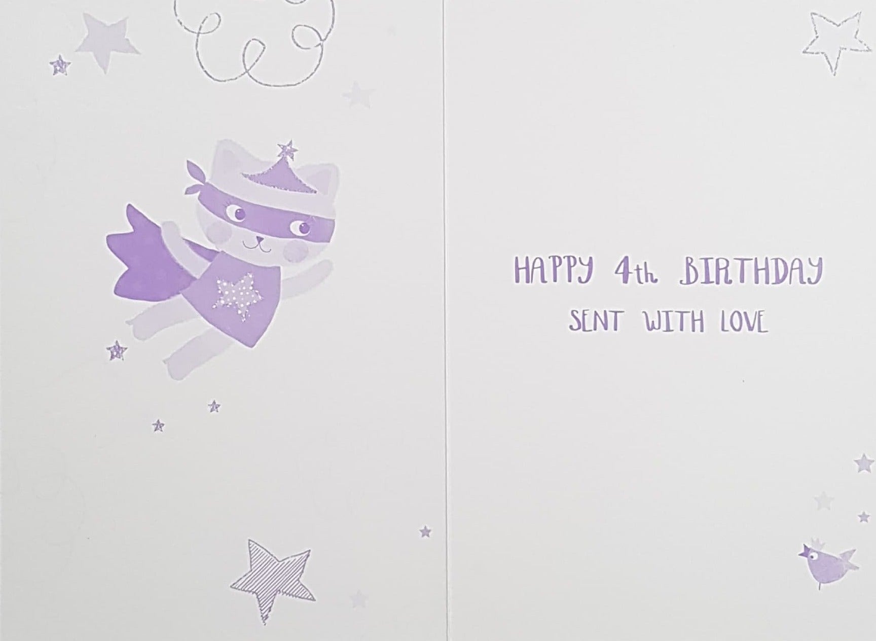 Age 4 Birthday Card - A Super Hero White Kitten With A Purple Cape ( With Stickers)