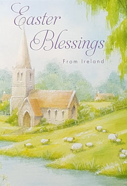 Easter Card - Easter Blessings From Ireland / White Sheeps Beside A Big Church