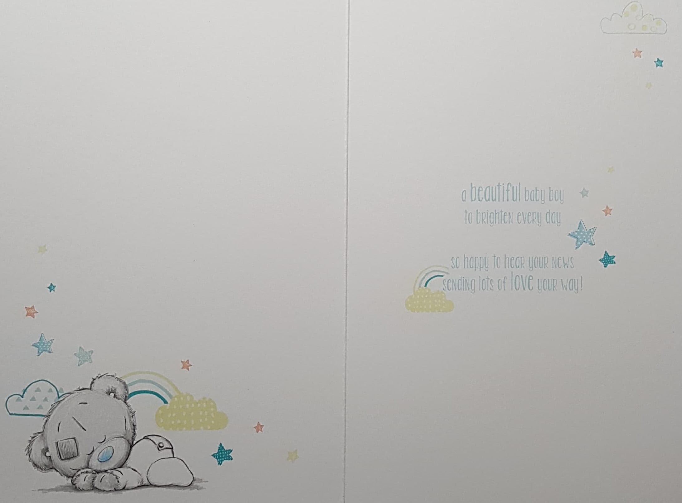 New Baby Card - Baby Boy / Cute Teddy Sleeping Under Blue Stars