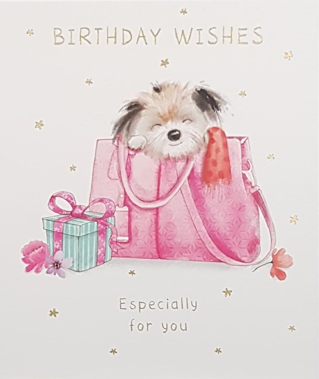 Birthday Card - A Fluffy Puppy In A Pink Handbag