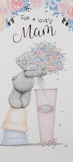 Mam Mothers Day Card - Cute Teddy Standing On A Two Pots Putting Bunch Of Flowers Into The Vasa