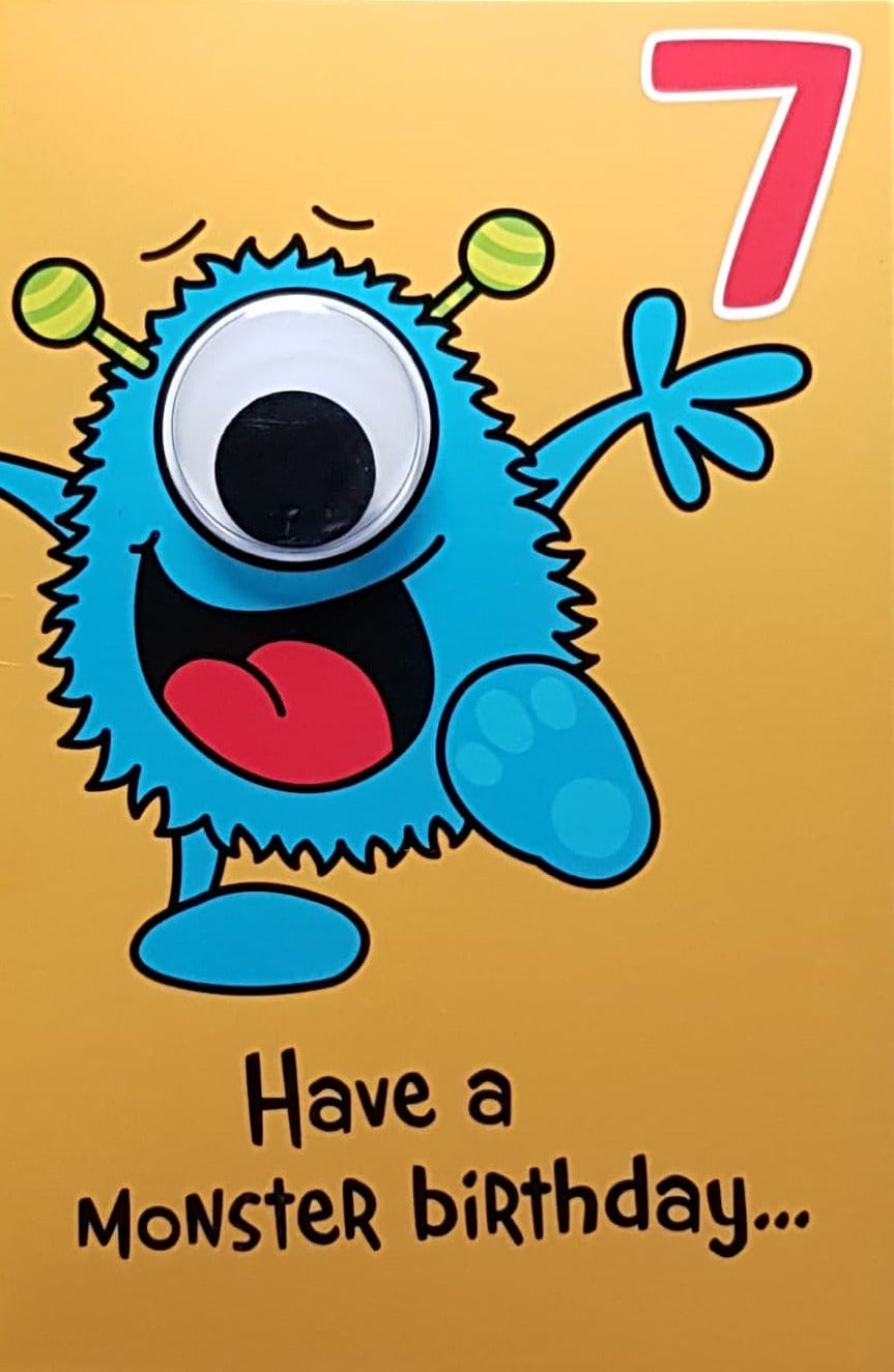 Age 7 Birthday Card - Blue One-Eyed Monster