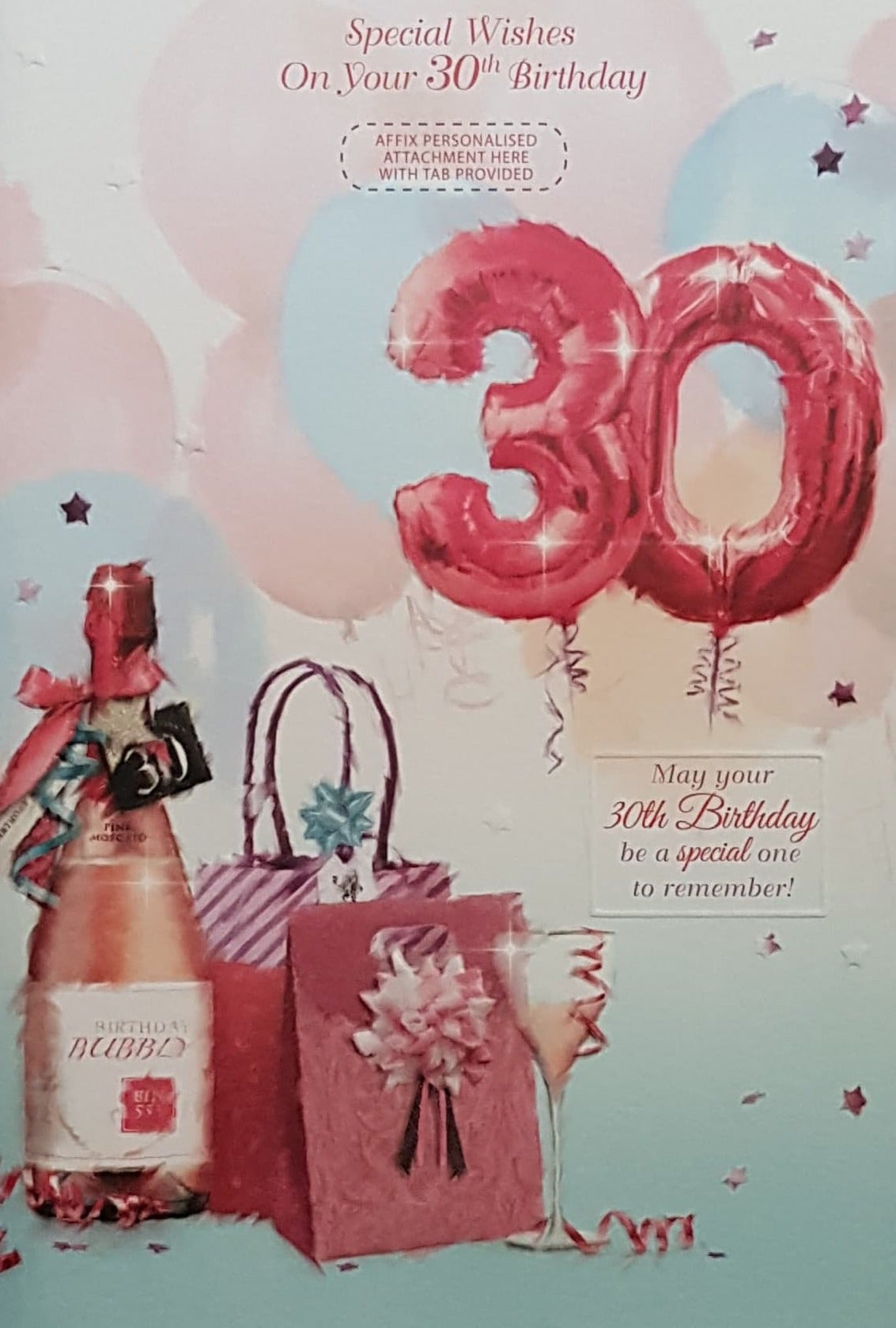 Personalised Card - Age 30 Birthday / No. 30 Red Balloons & A Champagne Bottle
