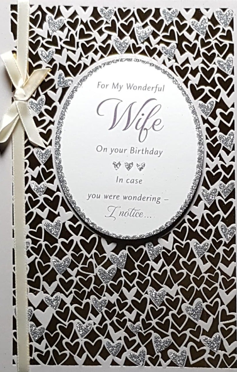 Birthday Card - Wife / Black & Silver Heart Pattern & Cream Bow