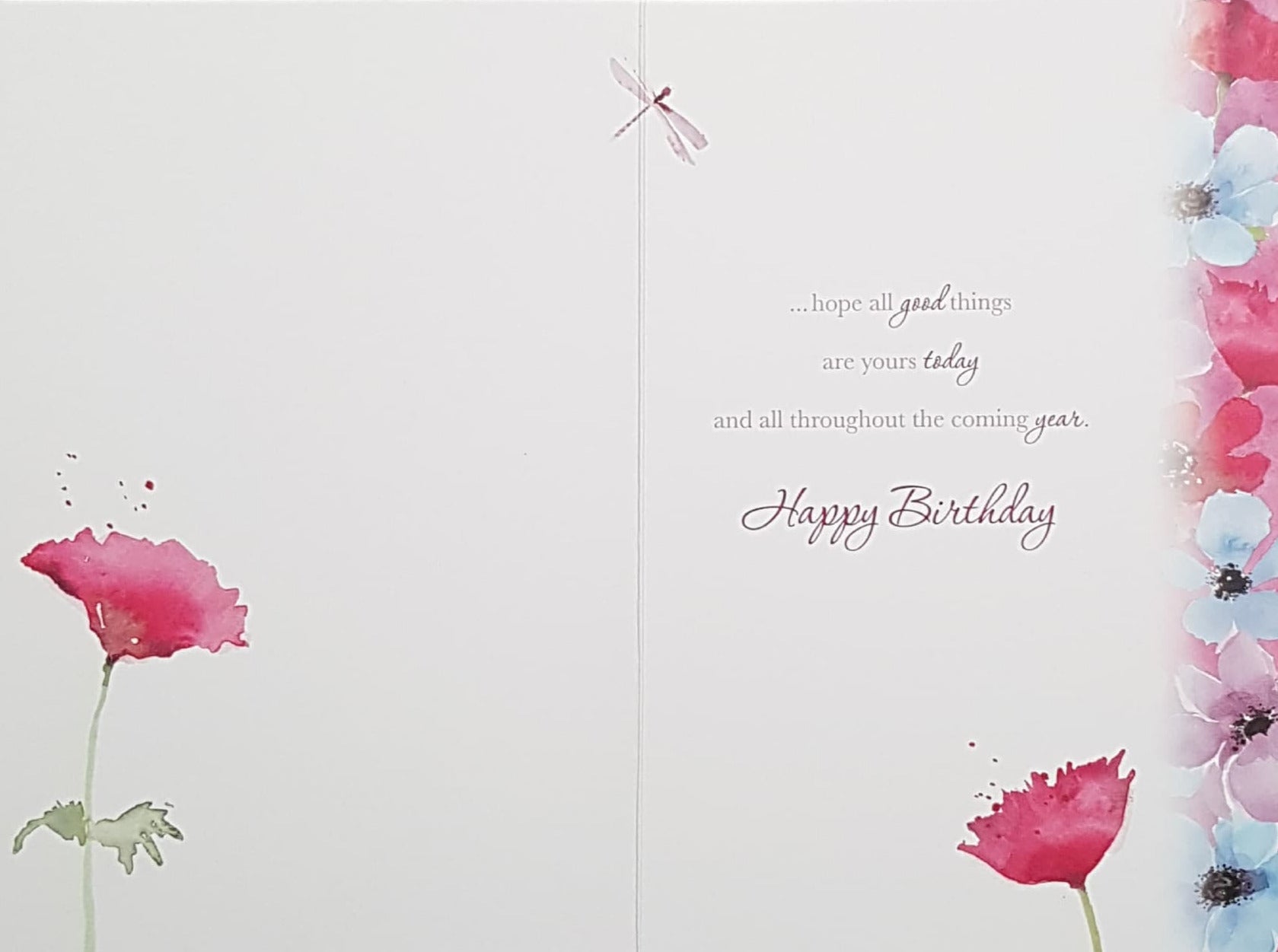 Birthday Card - A Pink Dragonfly & Blue & Red Flowers