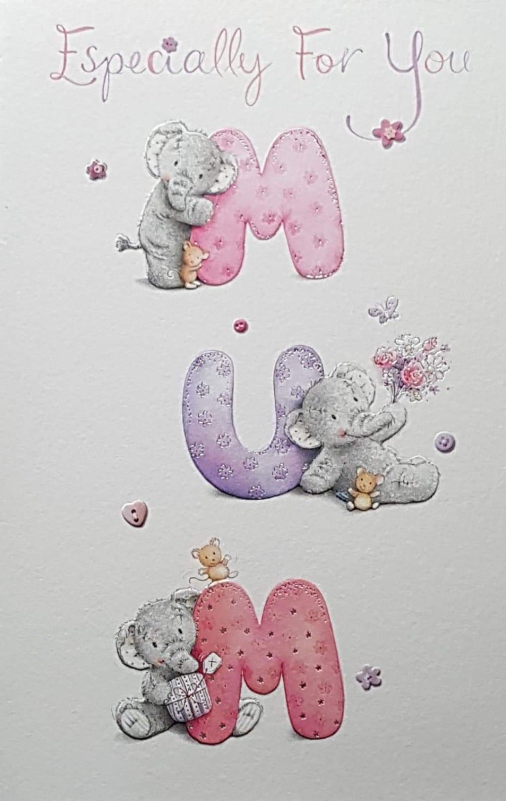 Birthday Card - Mum / Elephant Hugging Letter M
