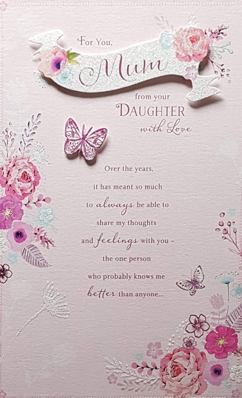 Birthday Card - Mum / From Daughter & Roses & Butterflies