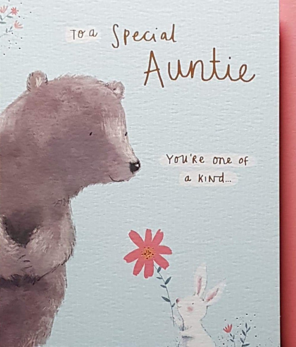 Birthday Card - Auntie / A White Rabbit Giving A Flower To A Bear