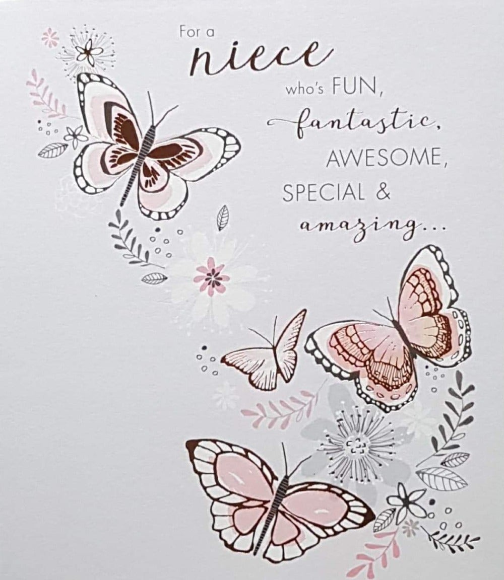 Birthday Card - Niece / 'Fun, Fantastic Awesome' & Pink Butterflies