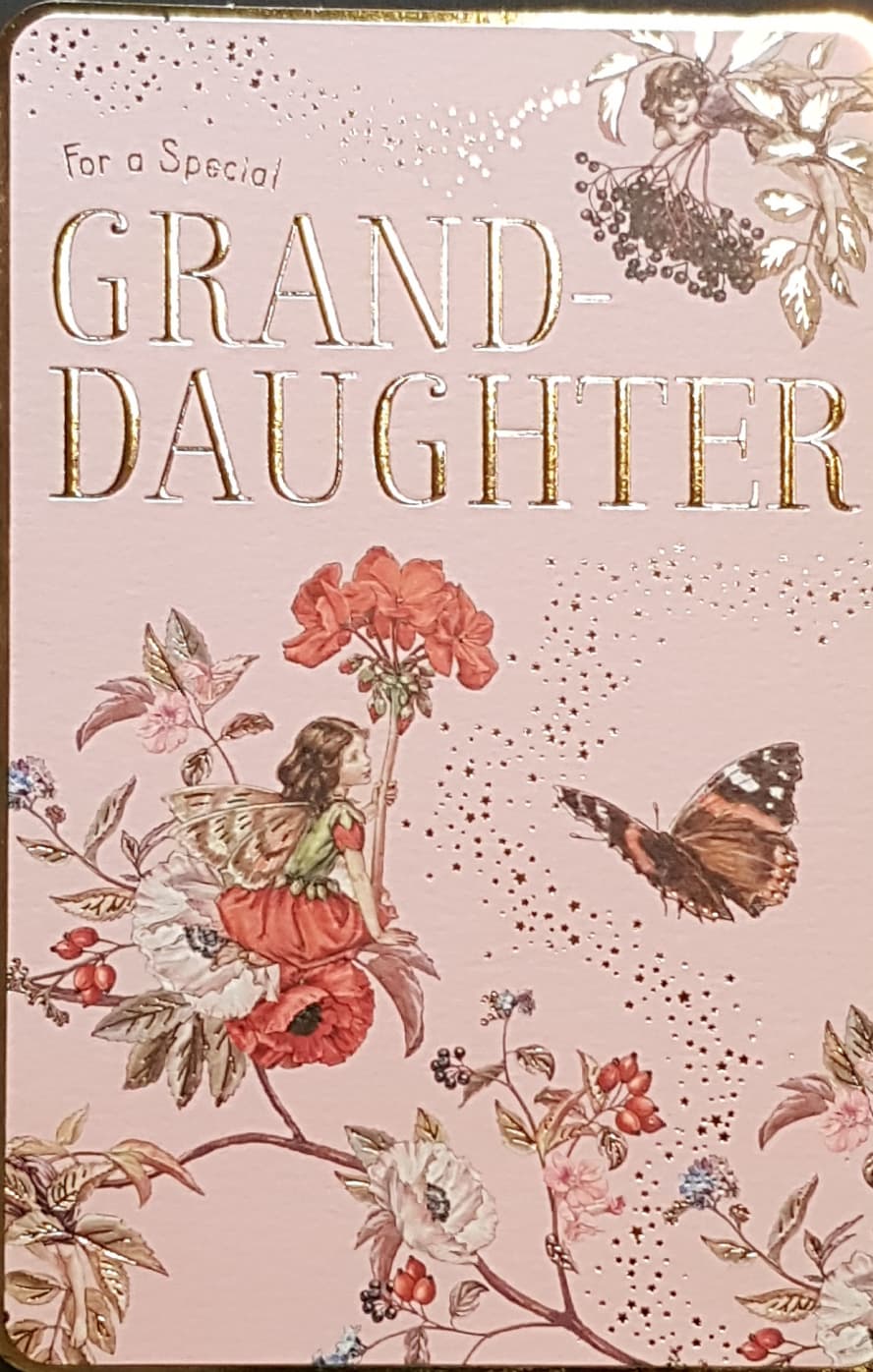 Birthday Card - Granddaughter / 'Girl On Flower' & Beautiful Plant And Butterfly