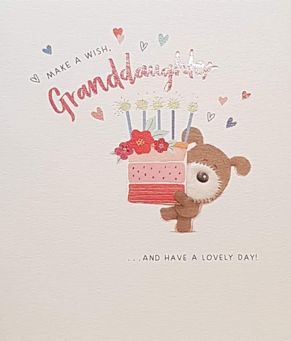 Birthday Card - Granddaughter / Cute Dog Carrying A Cake