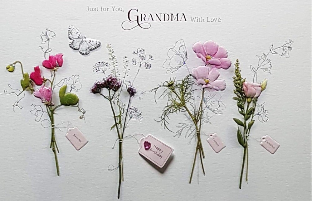 Birthday Card - Grandma / Four Pretty Flower Bunches With Gift Tags