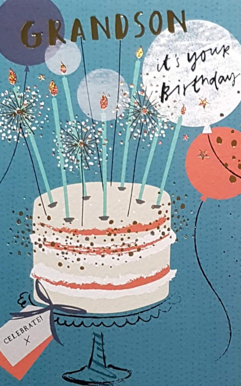Birthday Card - Grandson /  A Beige Cake With Blue Candles And Sparklers