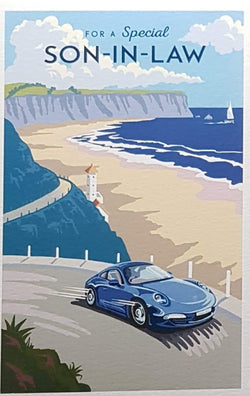 Birthday Card - Son In Law / A Blue Car In Beautiful Landscape