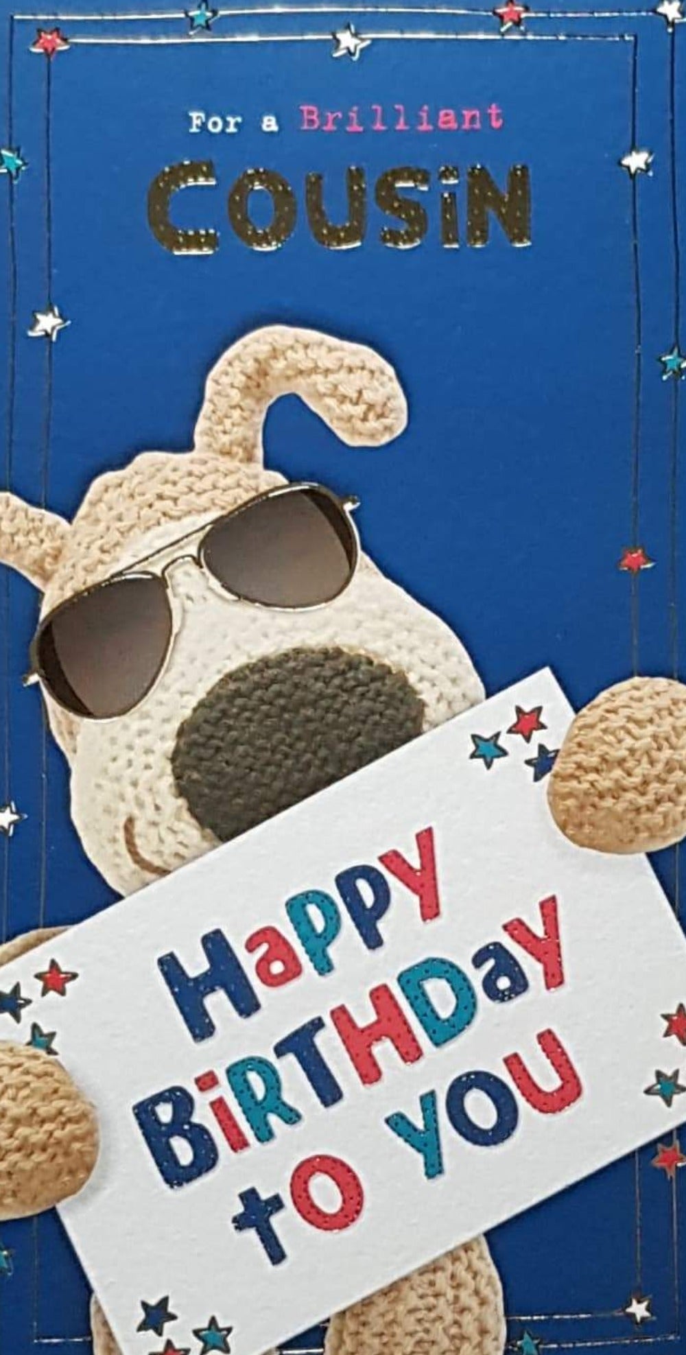 Birthday Card - Cousin / Stuffed Dog With Shades Holding A Sign