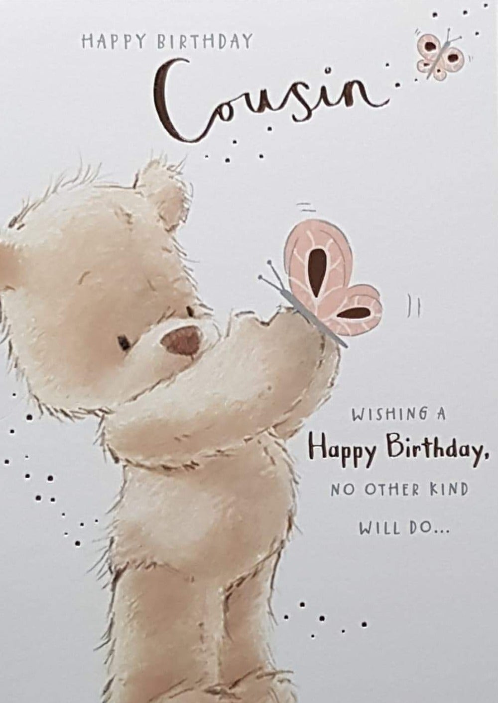 Birthday Card - Cousin / Bear Looking At Butterfly Sitting On Hand
