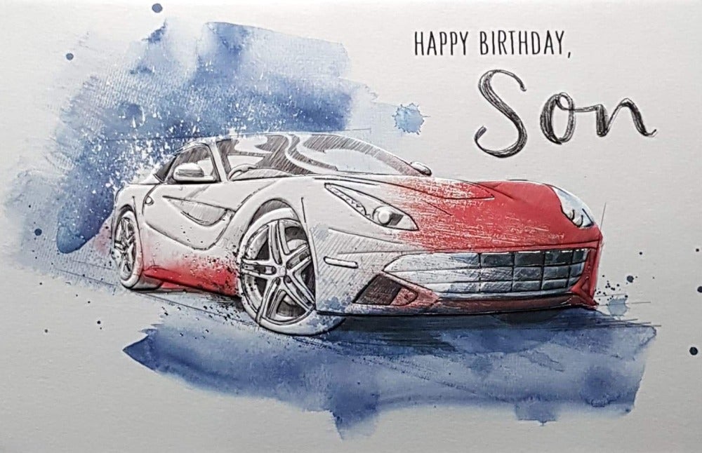 Birthday Card - Son / A Red Car On A Blue Floor