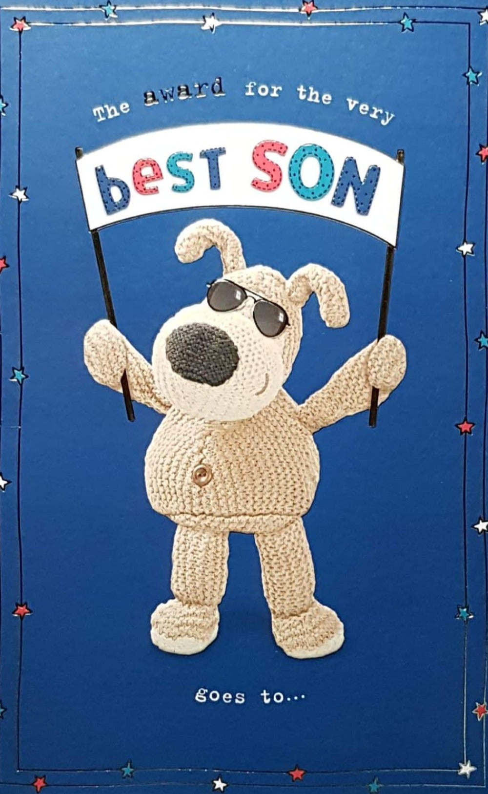 Birthday Card - Son / A Stuffed Dog With Shades Holding A Board