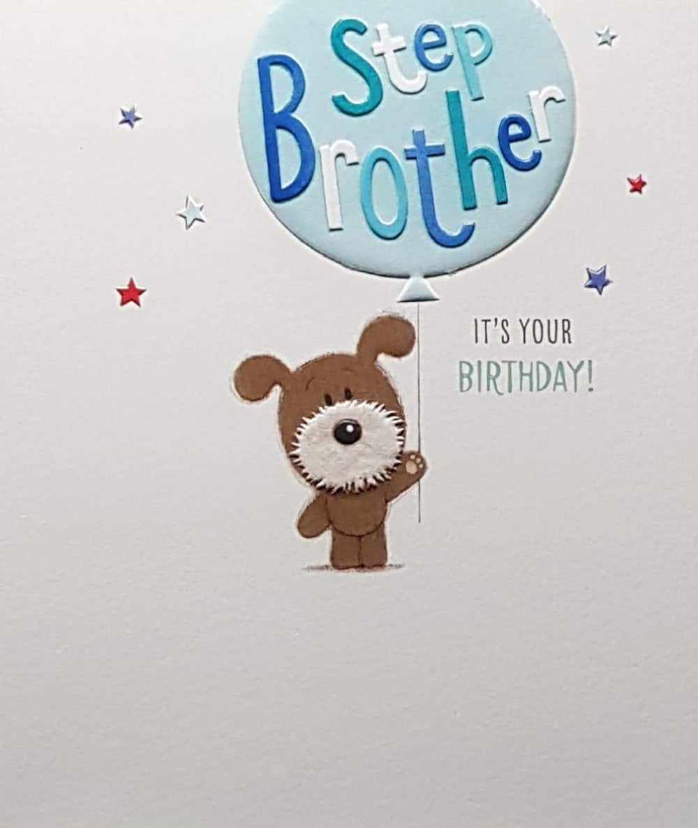 Birthday Card - Step Brother / Dog Holding Huge Balloon