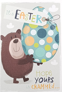 Easter Card - A Cute Bear Holding A Large Egg With Polka Dots