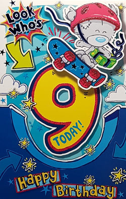 Age 9 Birthday Card - Cool Teddy Skating Over Number 9 With A Gift