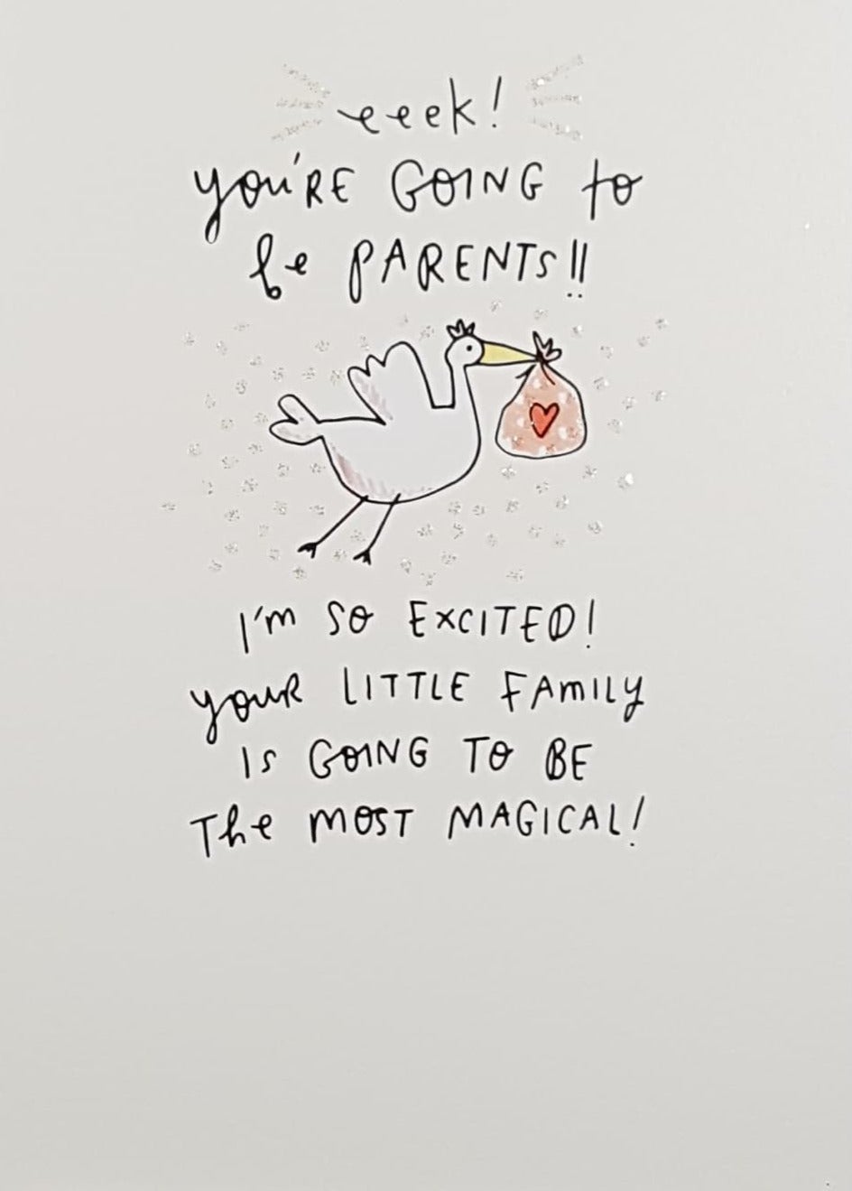 New Baby Card - New Parents / A Stork Carrying A Sack With A Red Heart