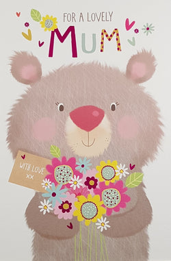 Mum Mothers Day Card - Cute Teddy Holding Flowers