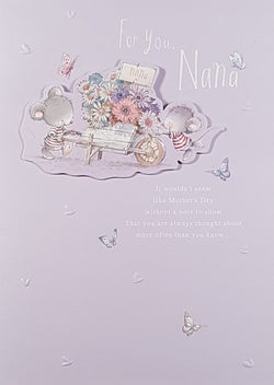 Nana Mothers Day Card - Two Cute Mice with Flowers in Wheelbarrow