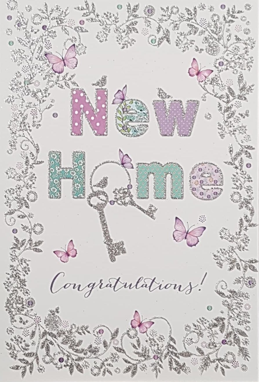 New Home Card - Set Of Keys & Pink Butterflies