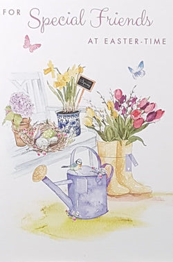 Easter Card - Special Friends / Pink Tulips Inside Yellow Wellies & Two Butterflies