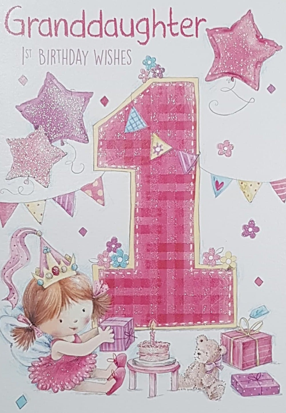 Age 1 Birthday Card - Granddaughter / A Little Girl In A Pink Dress Opening A Purple Gift