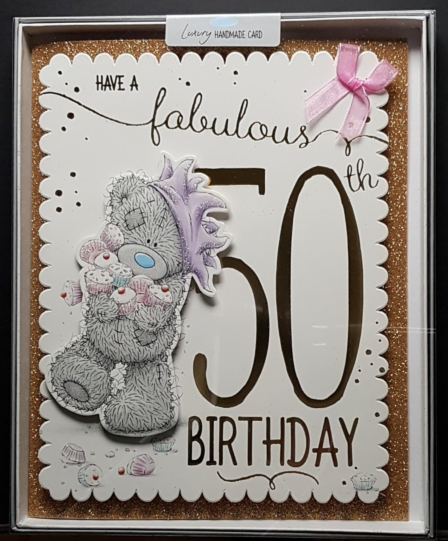 Age 50 Birthday Card - Teddy A In Purple Hat Holding Cupcakes (Card In A Presentation Box)