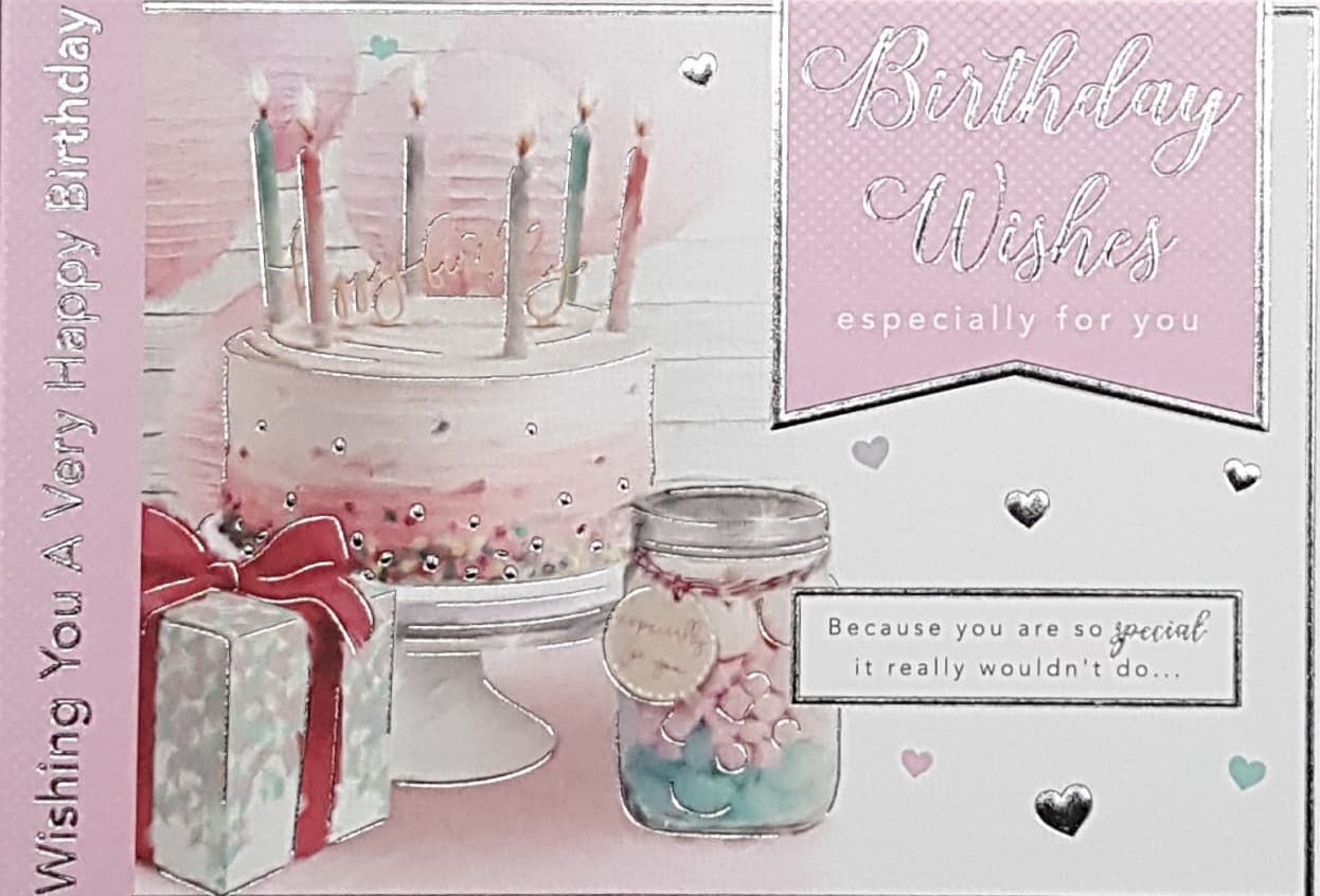 Birthday Card - A Pink Birthday Cake & A Pretty Gift Box & A Jar