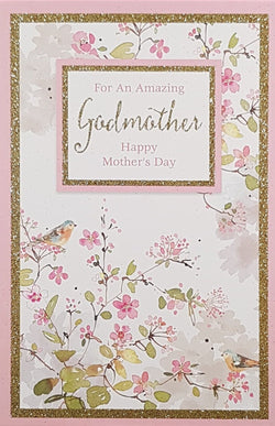 Godmother Mothers Day Card - Two Birds In A Shiny Gold Frame