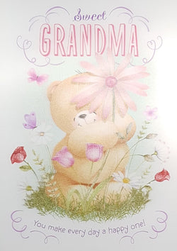 Grandma Mothers Day Card - Tedy Bear Holding up Big Pink Flower