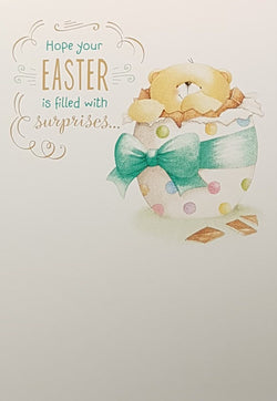 Easter Card - A Cute Teddy Bear Hiding In The Egg With A Green Bow